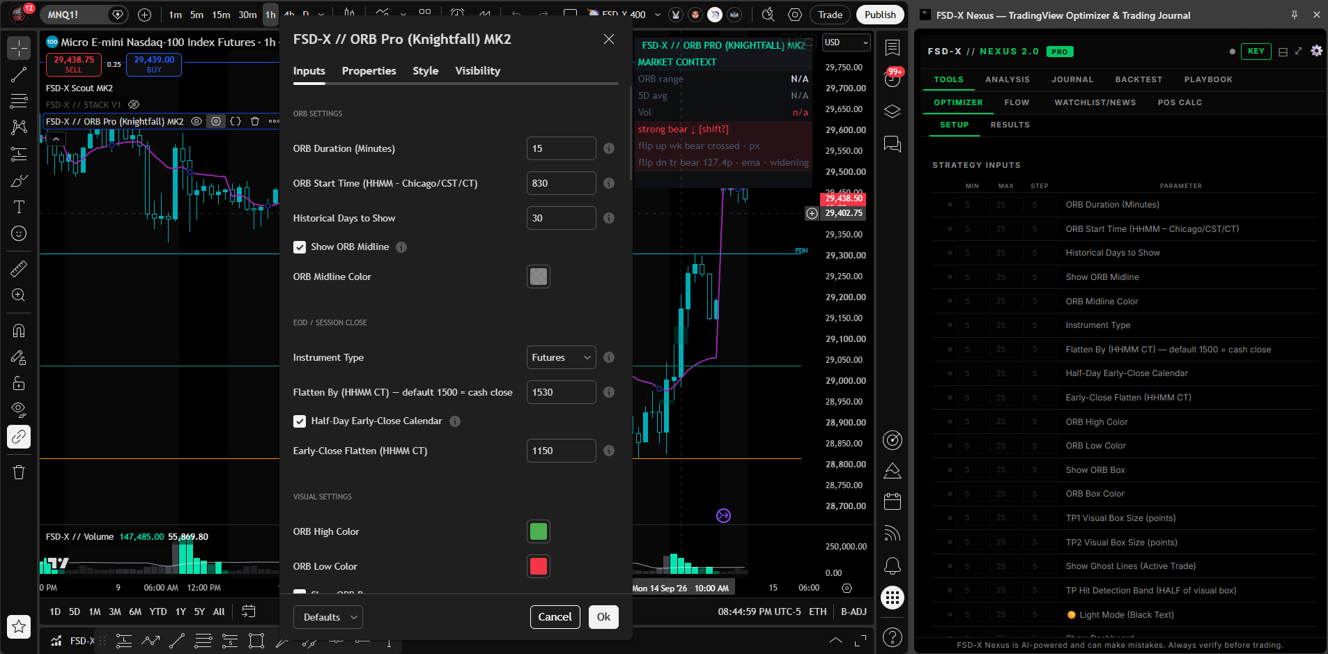 FSD-X Nexus 2.0 open as a side panel next to TradingView, showing the Optimizer tab with Knightfall MK2's strategy inputs and their min, max and step ranges, while the ORB PRO settings dialog is open on the chart