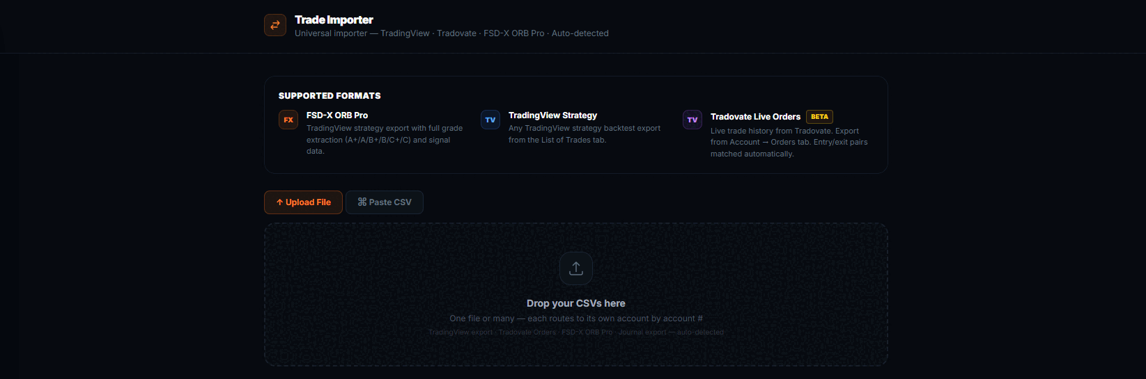 The universal trade importer, listing supported formats and a drag-and-drop area for CSV files.